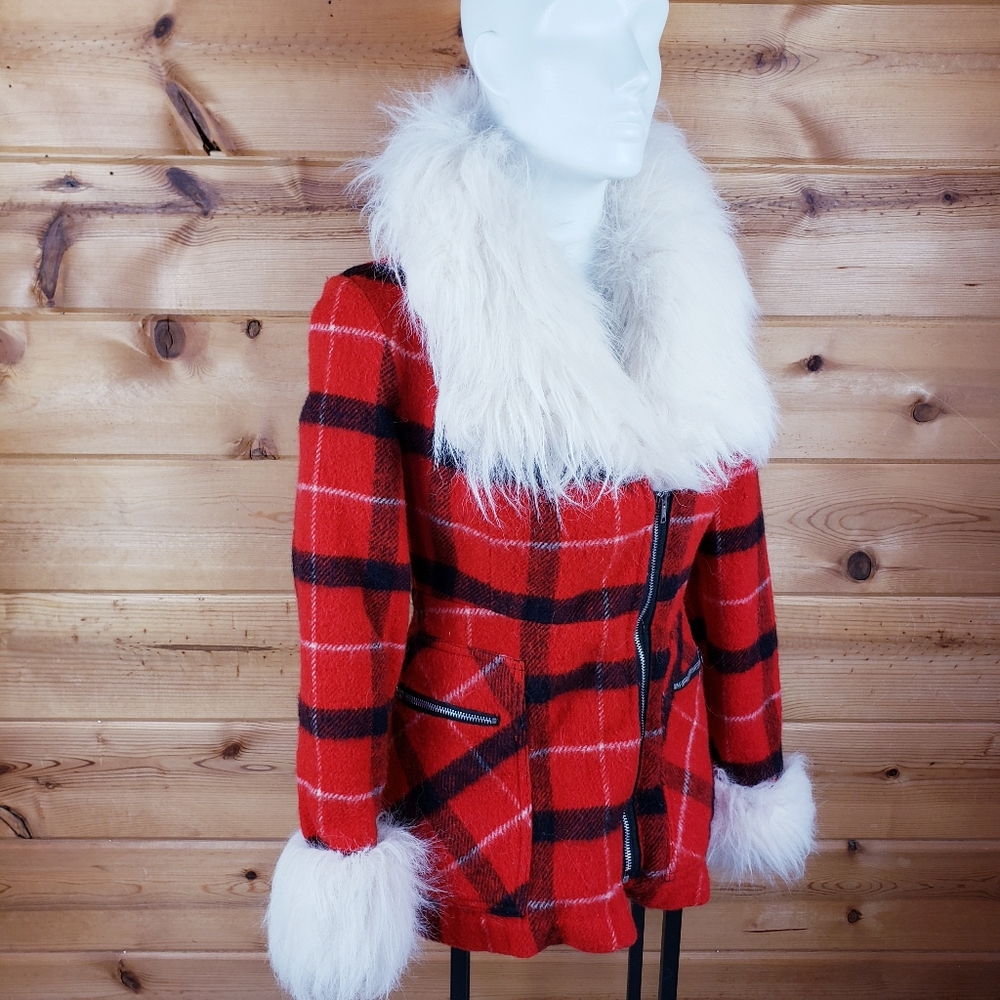 Vintage red plaid Christmas coat fur cuff collar